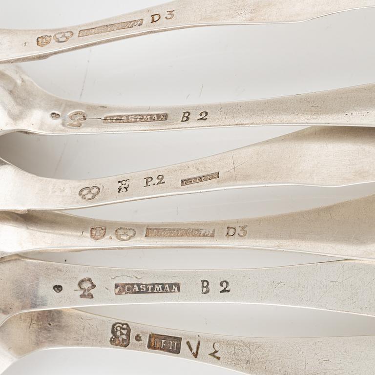 Six Swedish silver table spoons, 18th-19th century.