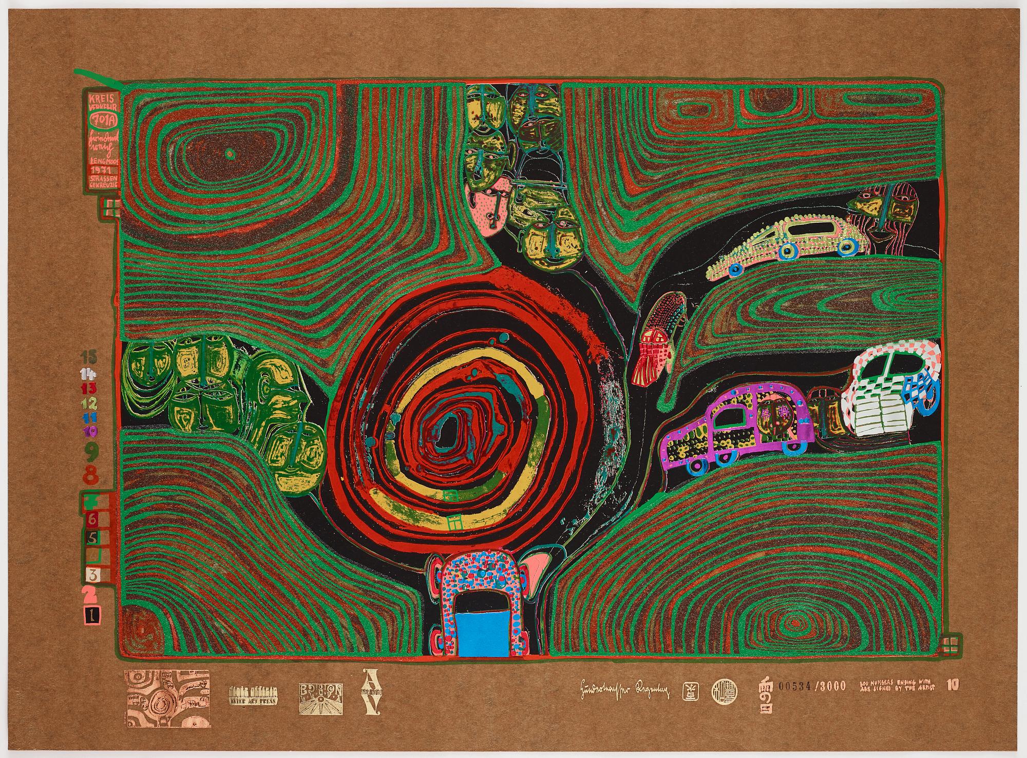 Friedensreich Hundertwasser, kompletta portfölj om 10 färgserigrafier med metallprägling.