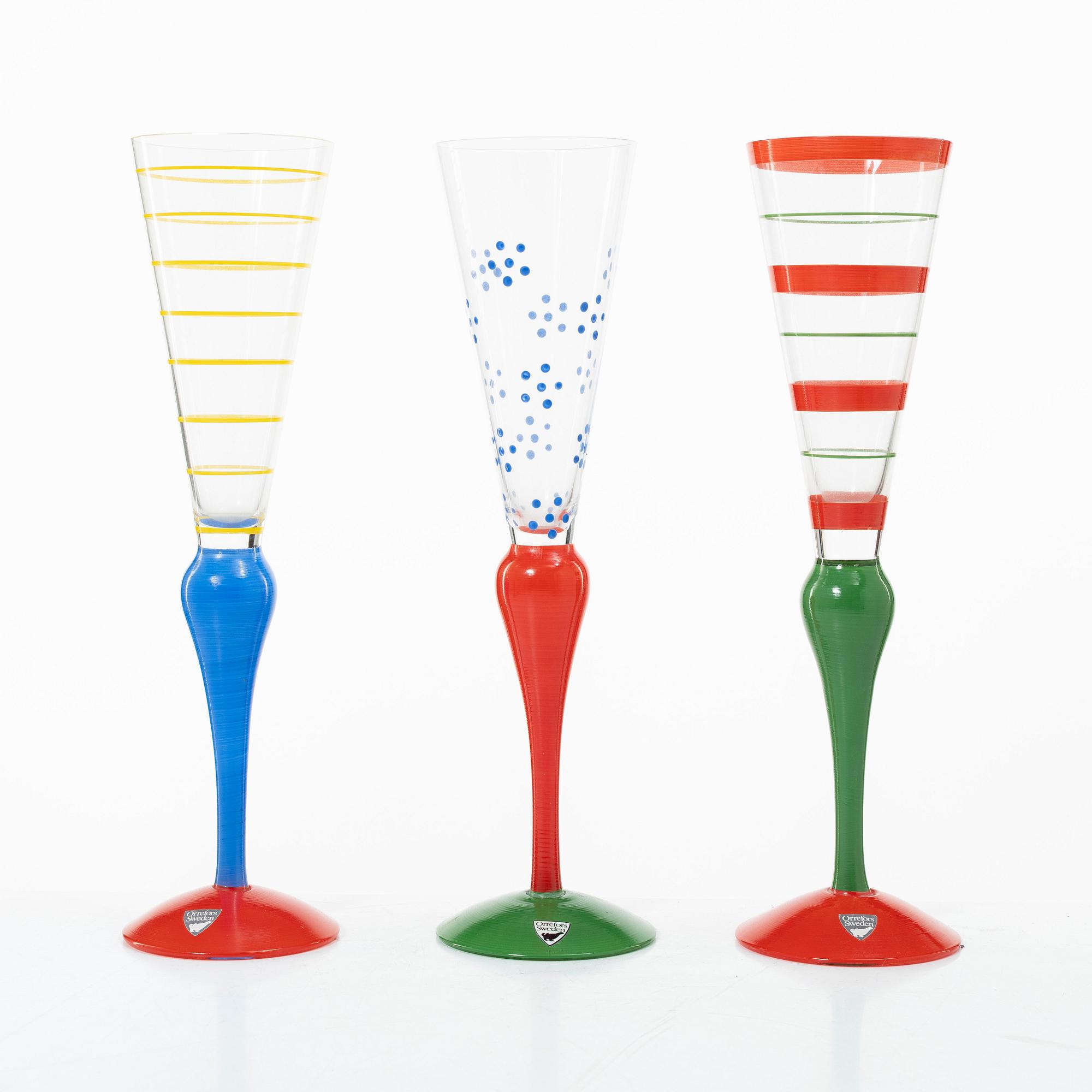 Anne Nilsson, Champagneglas, 6 st, samt skål, "Clown", Orrefors.