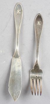 FISKBESTICK, uppsättning i etui, 24 delar, silver, GAB, Stockholm 1920-tal. Vikt c:a 1100 g.