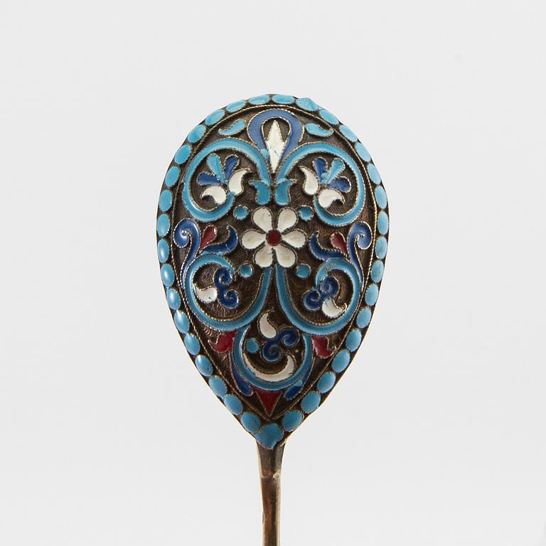 Spoons 6 pcs partially gilded silver and enamel Russia 1882-1890.