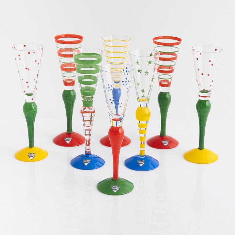 Anne Nilsson, eight 'Clown' aquavit glasses, Orrefors, Sweden.