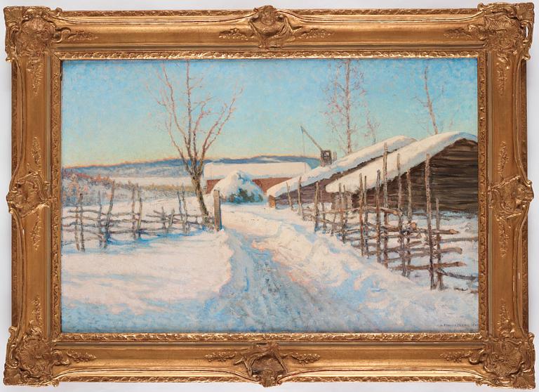 Anshelm Schultzberg, "Vinterdag (motiv från södra Dalarne - Bergslagen)" [Winter landscape from Dalarna in Sweden].