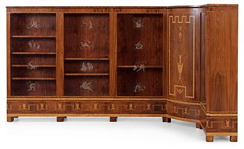 A Swedish palisander showcase cabinet with inlays and engraved glass panels signed by Vicke Lindstrand, Orrefors 1933.