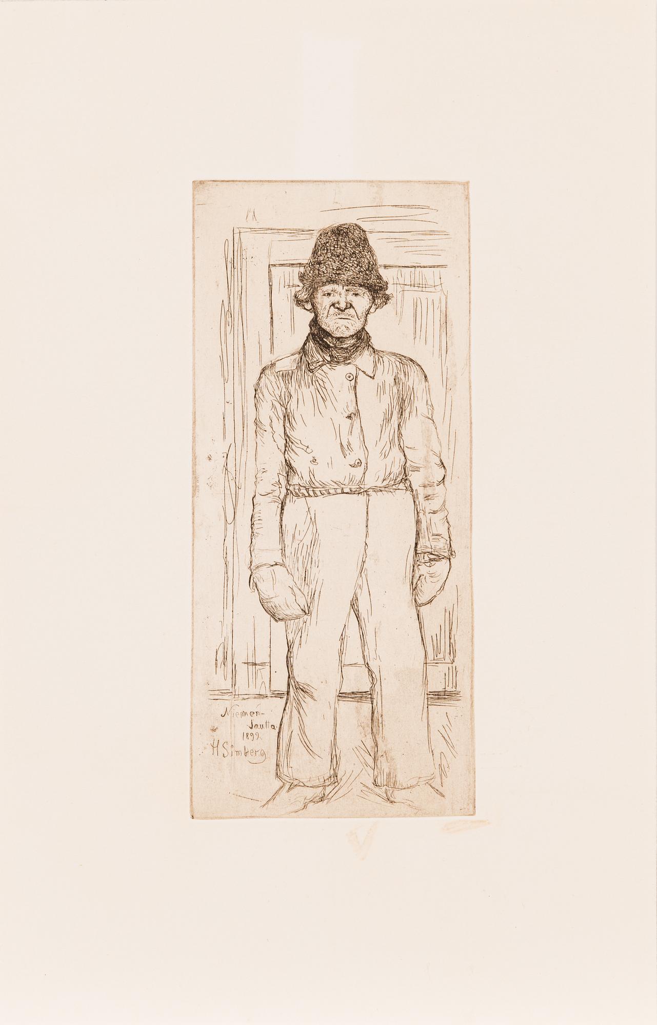 Hugo Simberg, linjeetsning, plåtsignerad och märkt "Niemenlautta 1899".