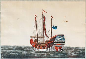 MÅLNINGAR, sex stycken, tusch och akvarell på rispapper. Kina, Qingdynastin, 1800-tal. "Djonker".