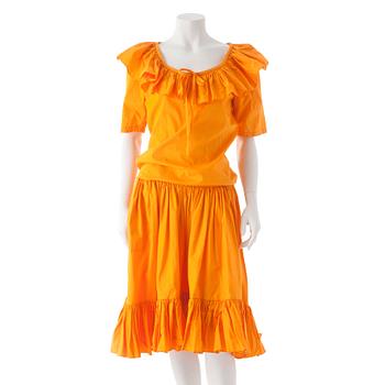 YVES SAINT LAURENT, a orange cotton top and skirt from the 80s.