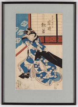 UTAGAWA KUNIYOSHI (1797/98-1861), färgträsnitt, 2 st. Japan, 1800-tal.