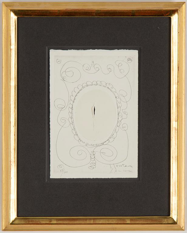 LUCIO FONTANA, etching in colour with relief and perforation, signed I. fontana and numbered 73/100 with pencil.