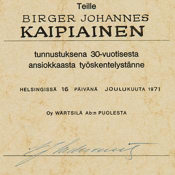 Diplom, Wilhelm Wahlforss, Oy Wärtsilä Ab, daterad 16. december 1971.