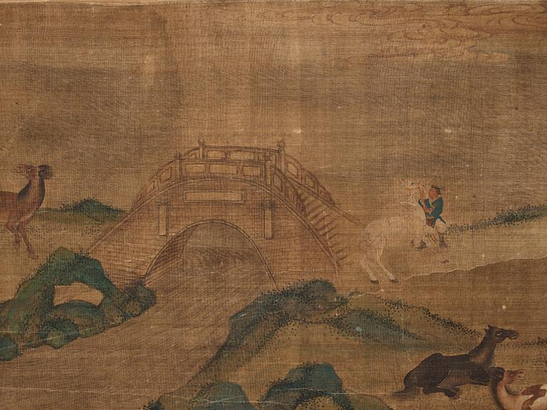 A long scroll painting after Zhao Yong (Zhao Zhongmu 1289-1369), ink and colour on paper and on silk, Qing dynasty.