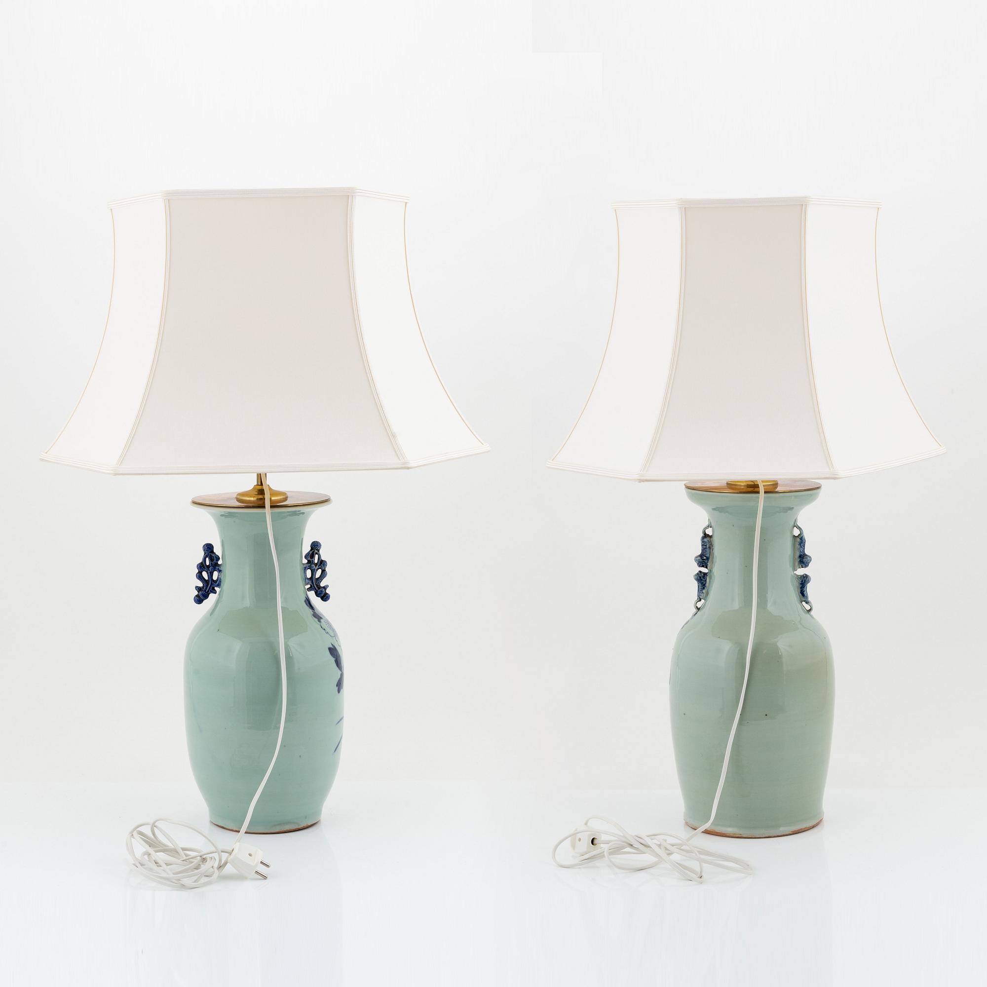 A matched pair of blue and white celadon ground vases moutned as table lamps, China, circa 1900.