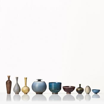 Berndt Friberg, 3 miniatyrskålar och 6 vaser, Gustavsbergs studio 1950-60-tal.