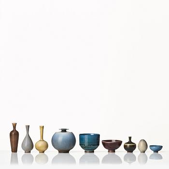 Berndt Friberg, a set of three stoneware miniature bowls and six vases,, Gustavsberg studio, Sweden 1950-60's.