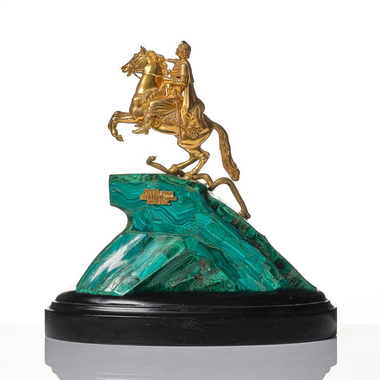 A malachite and gilt bronze sculpture of Peter the Great on horseback after Falconet, 19th century.