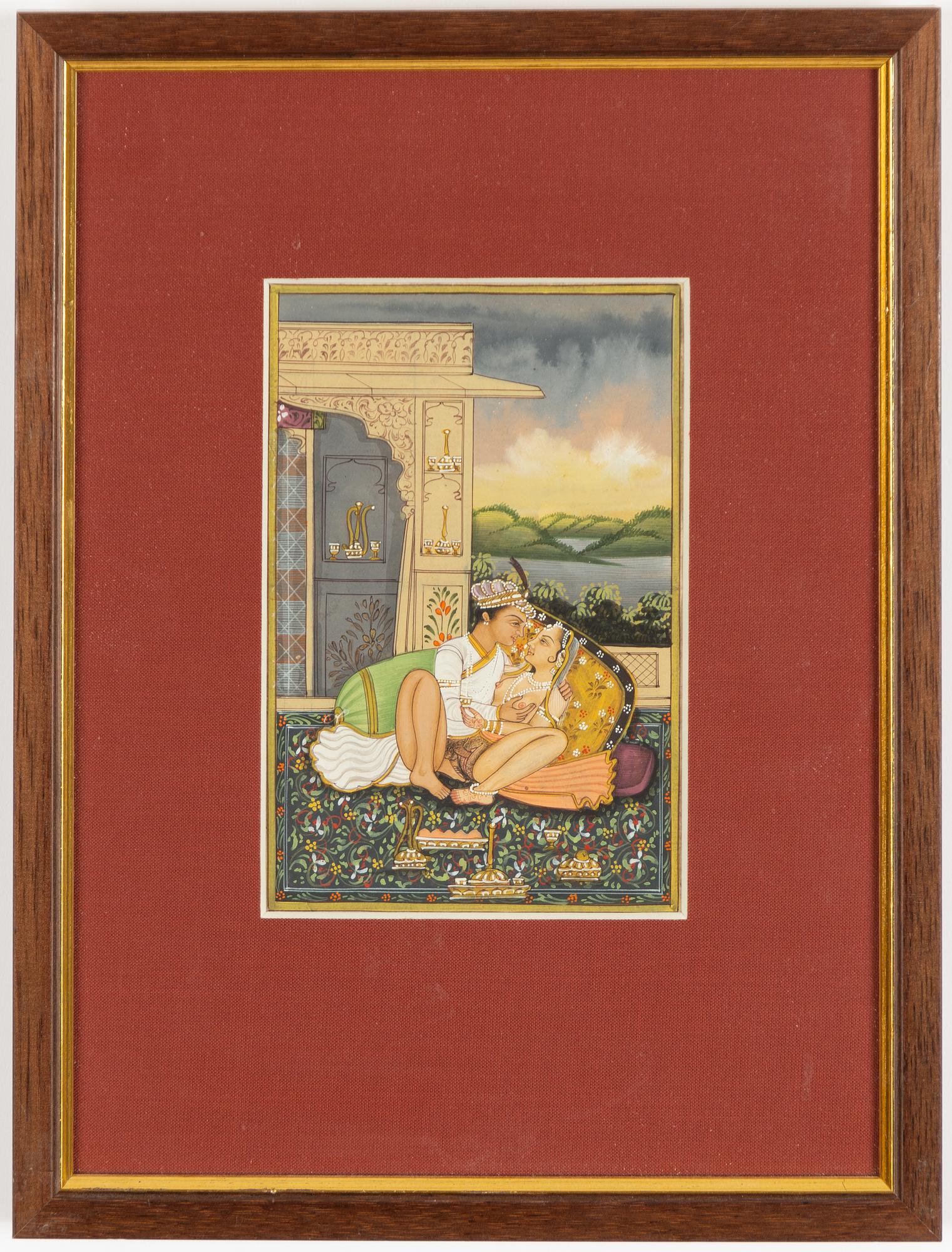 Unidentified artist, Erotic scenes in palace settings, India, 20th century. Four pieces.