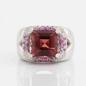 Tourmaline and brilliant cut diamond, pink sapphire ring.