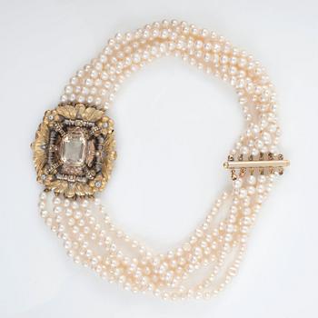 A six-strand cultured freshwater pearl, citrine and old-cut diamond necklace.