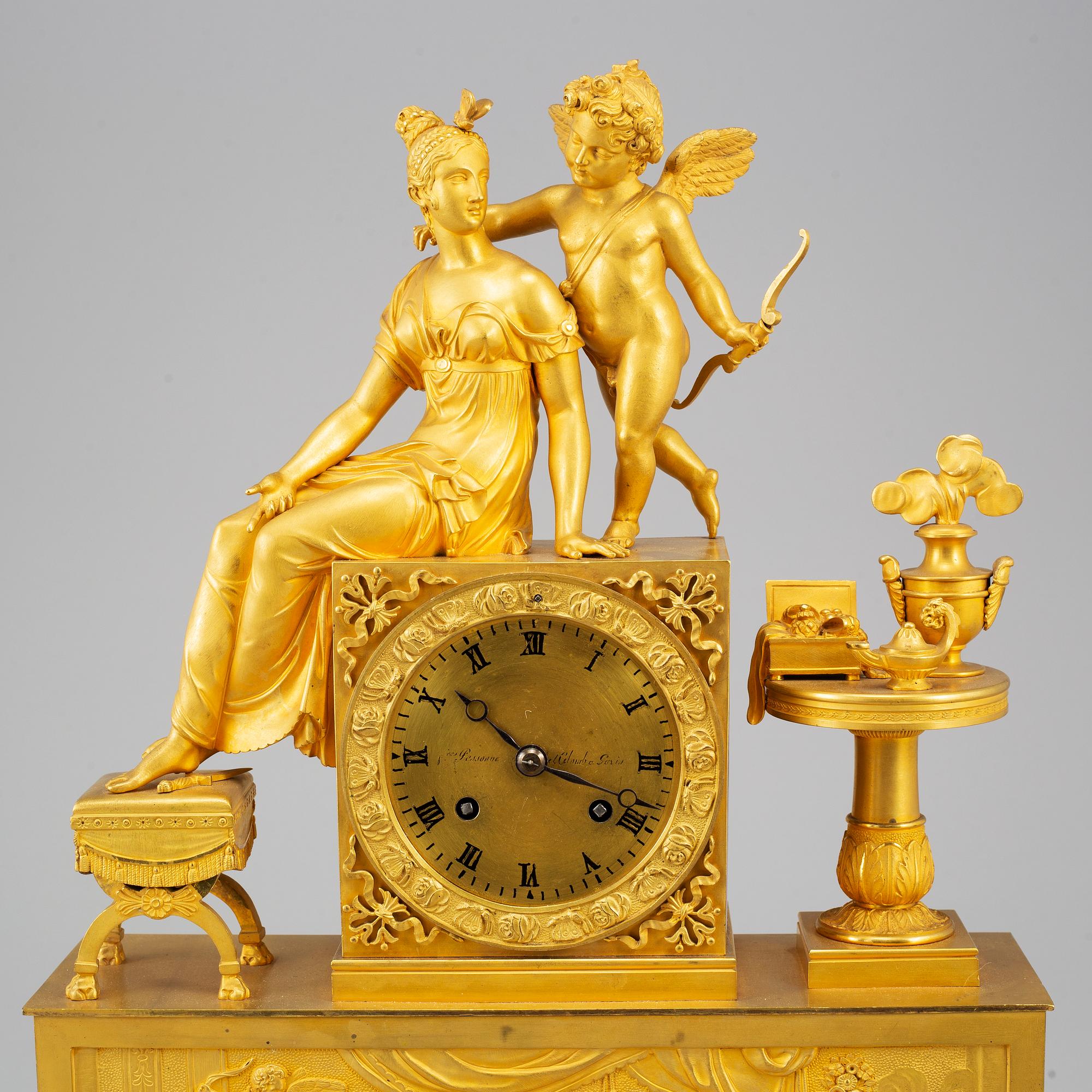 A French Empire pendulum clock, early 19th century.