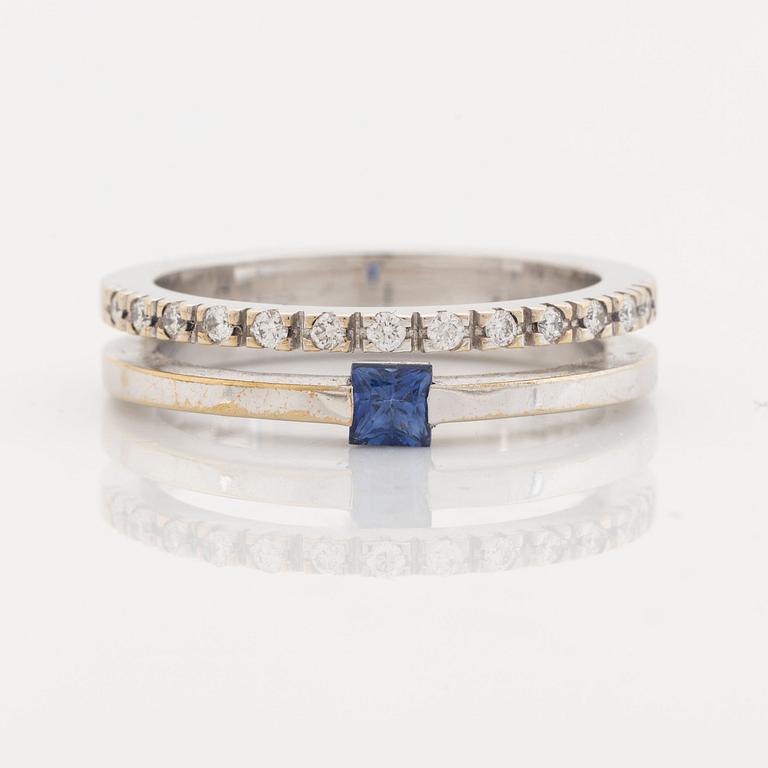 18K white, brilliant cut diamond and sapphire.