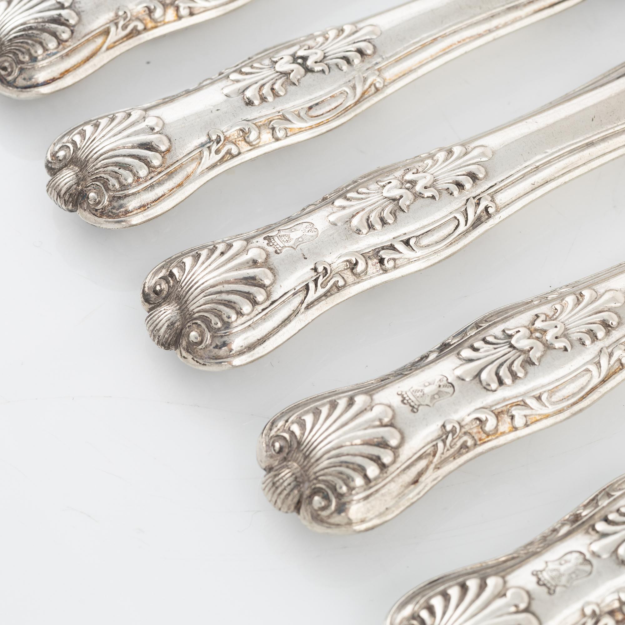 Johan Petter Grönvall, matknivar, 6 st, silver, Engelsk snäck, Stockholm 1837.