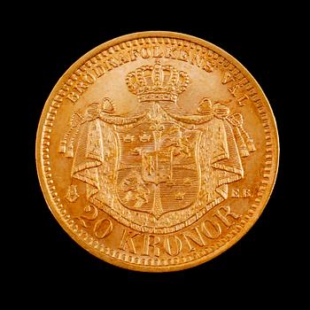 GULDMYNT, 20 kronor, Oscar II, 1902. Vikt ca 9 gram.