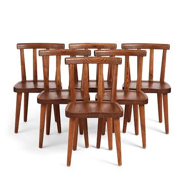 342. Axel Einar Hjorth, a set of six stained pine "Utö" chairs, Nordiska Kompaniet, Sweden 1930's.