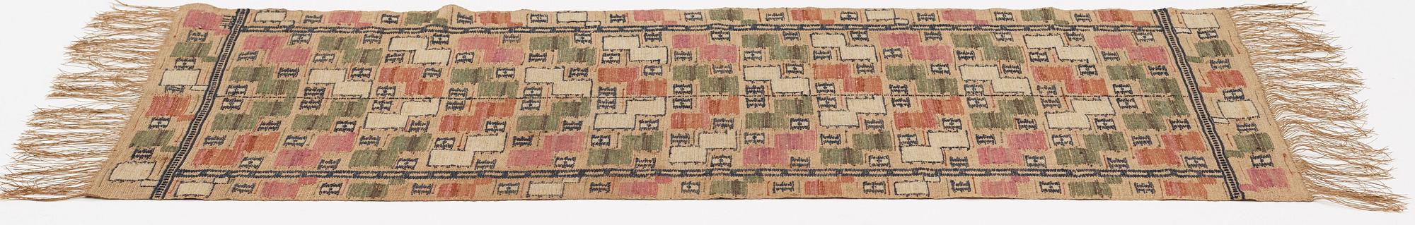 Märta Måås-Fjetterström, Vävnad, "Lövendal", inplock på linnebotten, ca 145,5-147 x 70-71,5 cm, signerad MMF.