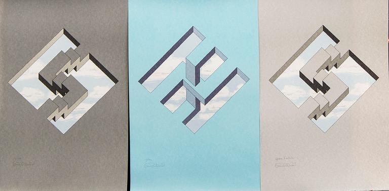 Oscar Reutersvärd, färglitografier tre st, signerade 28/120, 32/120 samt HC.