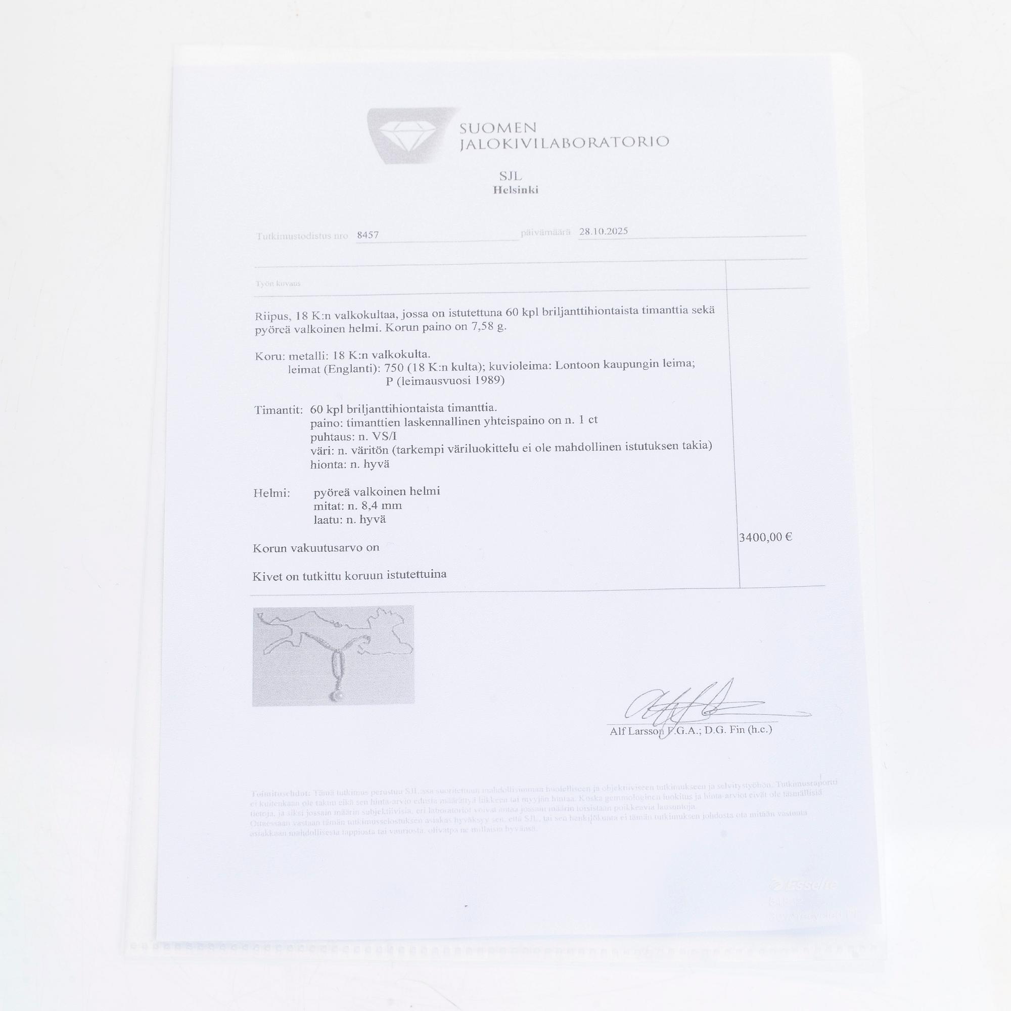 An 18K white gold necklace with brilliant-cut diamonds and a cultured pearl, England.