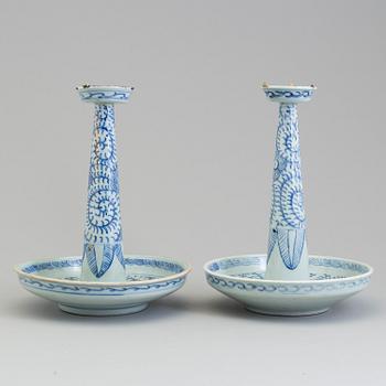 A large pair of Chinese blue and white porcelain incense holders/candle holders, Qing dynasty, 19th century.