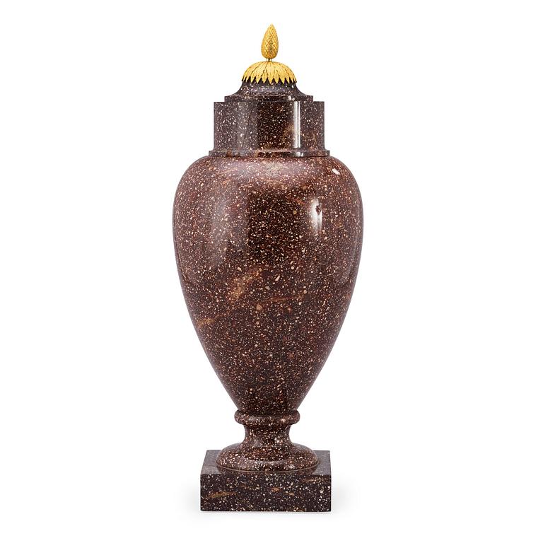 A late Gustavian 19th Century porphyry and gilt bronze urn.