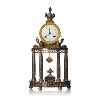 147. A late Gustavian ormolu and 'Blyberg' porphyry portico clock by E. Engelbrechten (watchmaker in Stockholm 1815-45).