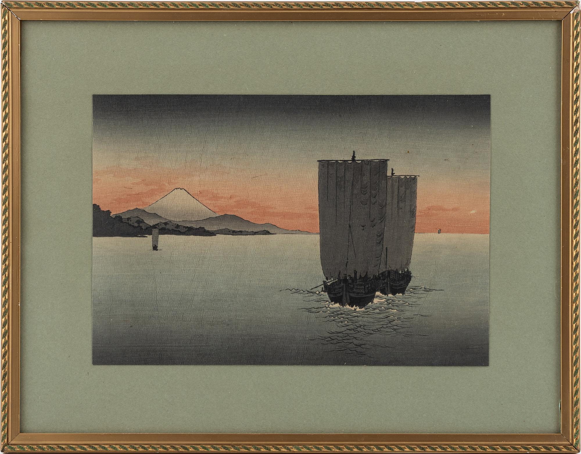 Shoda Koho, three colour woodblock prints, Japan, 20th century.