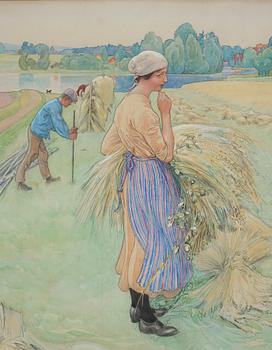 Carl Larsson, "Havreskärning II"/"Havreskörd II".