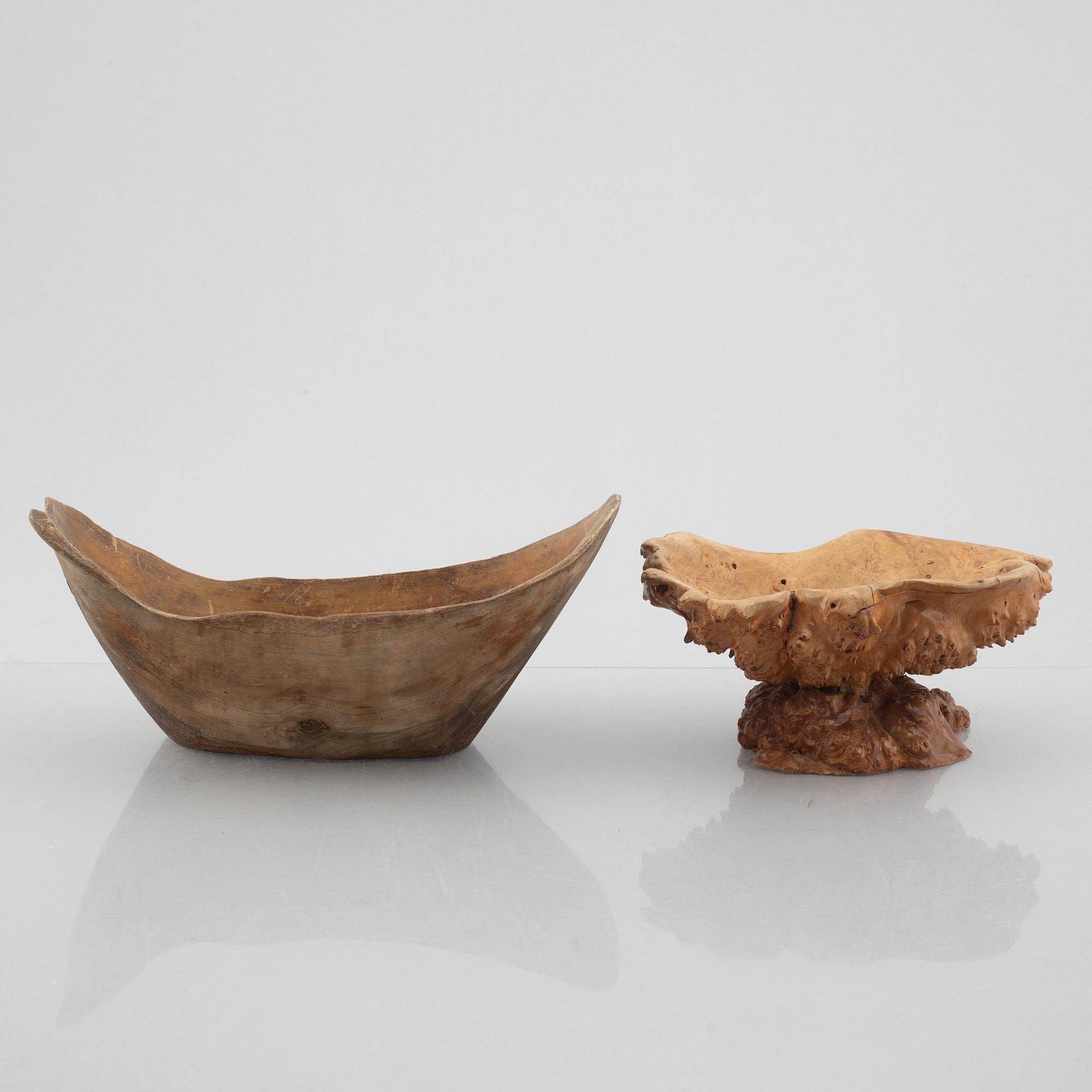 Ten carved burl wood bowls and cups, Sweden, 20th century.