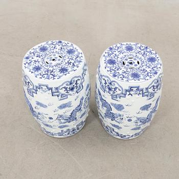 A pair of Chinese blue and white garden stools, 20th century.