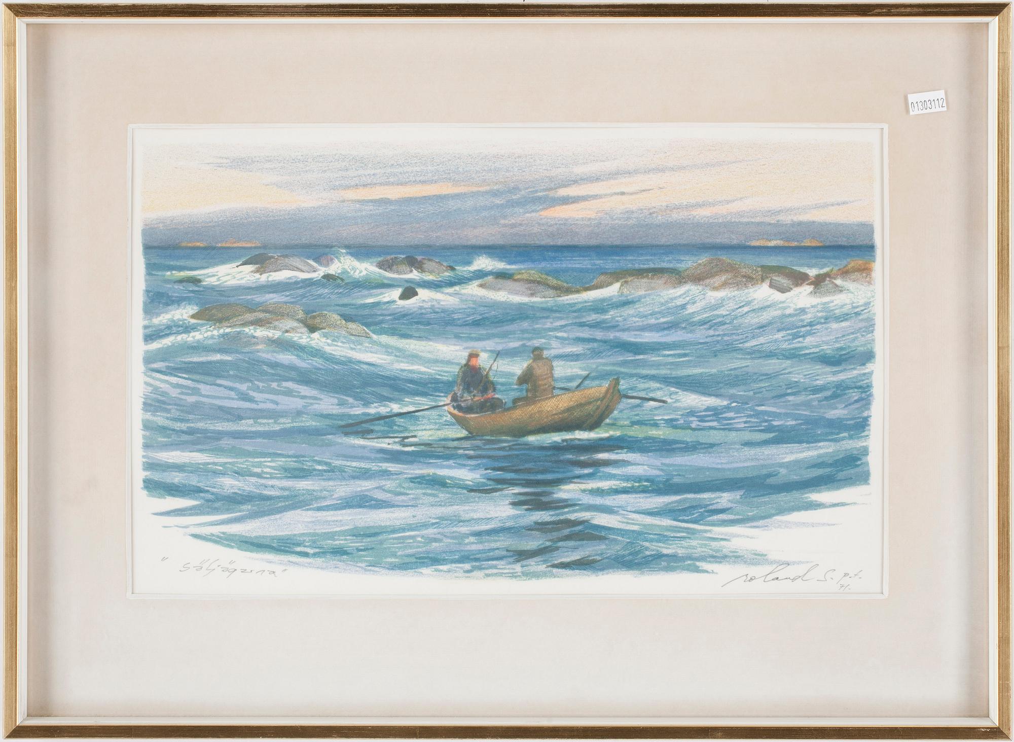 ROLAND SVENSSON, färglitografi, "Säljägarna", signerat provtryck.