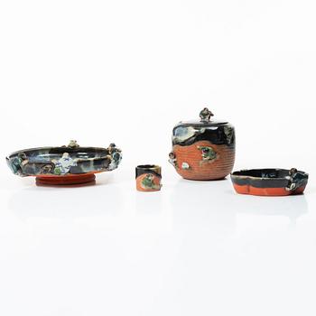 A 'sumida ware' jar with cover, a cup and two dishes, Japan, 20th century.