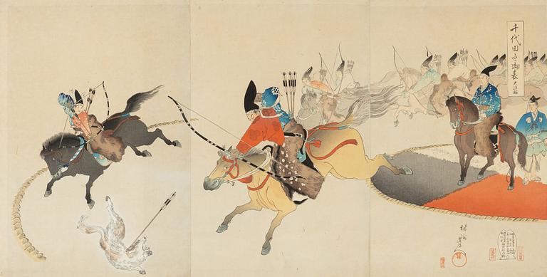 Yōshū (Hashimoto) Chikanobu, a colour woodblock print, triptych, Japan, around 1900.