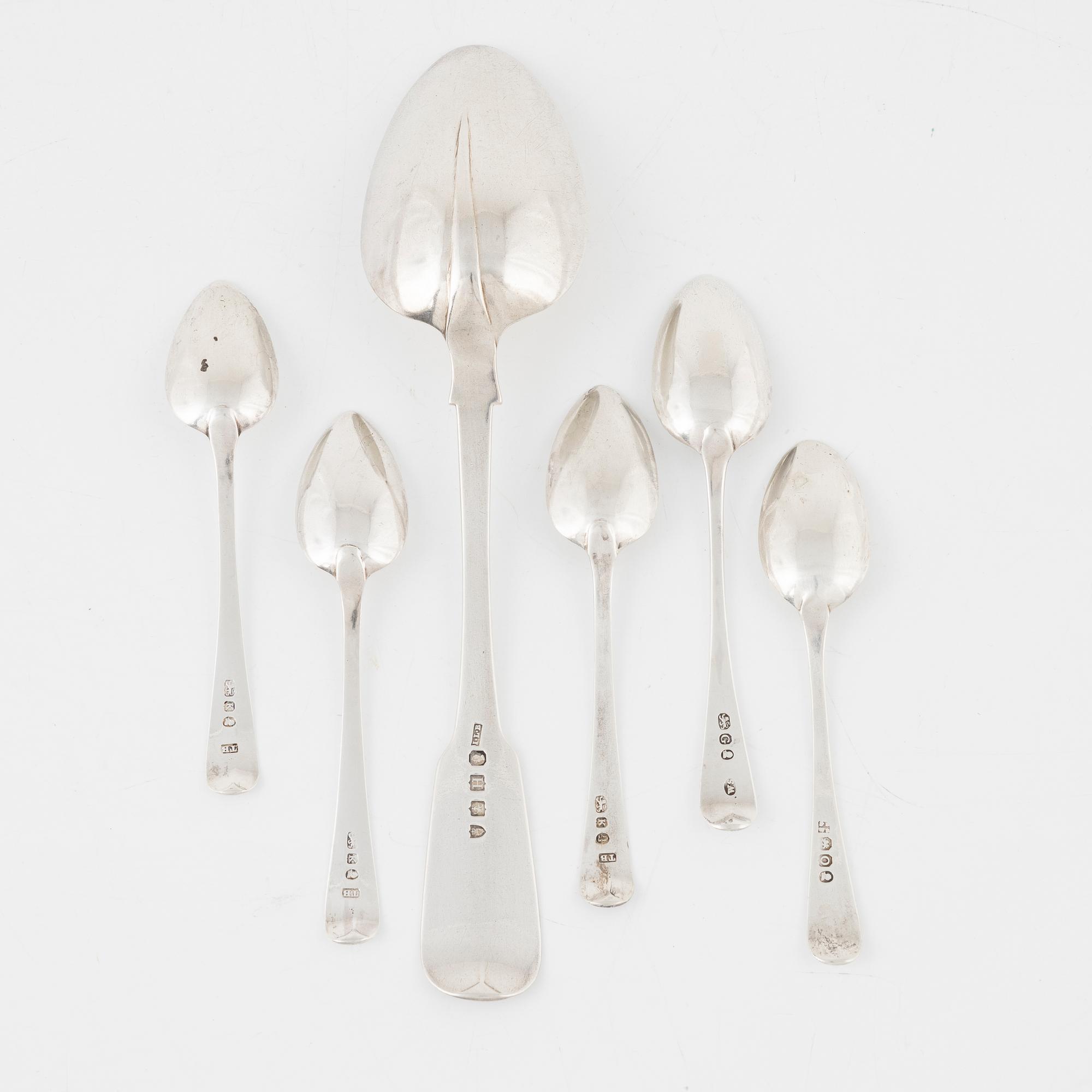 Six silver spoons, Ireland and England, including James Le Bas, Dublin 1828.