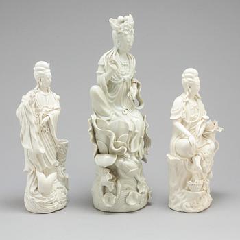 Three Chinese blanc de chine figures of Guanyin, 20th century.