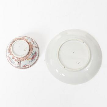 A Chinese famille rose ewer, a a cup with cover, a cup with saucer, a box and a censer, Qing dynasty, 18th and 19th cent.