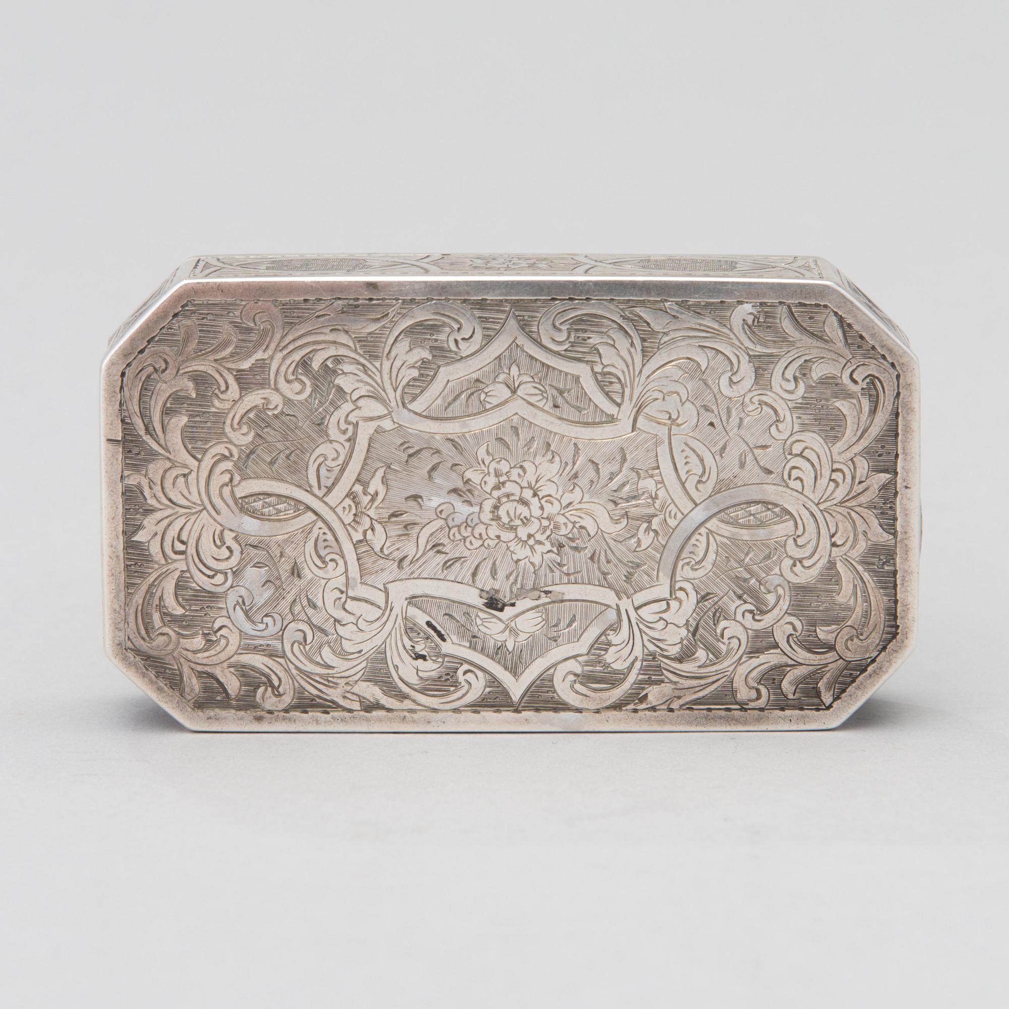 A RUSSIAN SNUFF BOX, silver, Moscow 1856?, goldsmith N.Mishailov, essay master Viktor Sasikov 1855-1888.