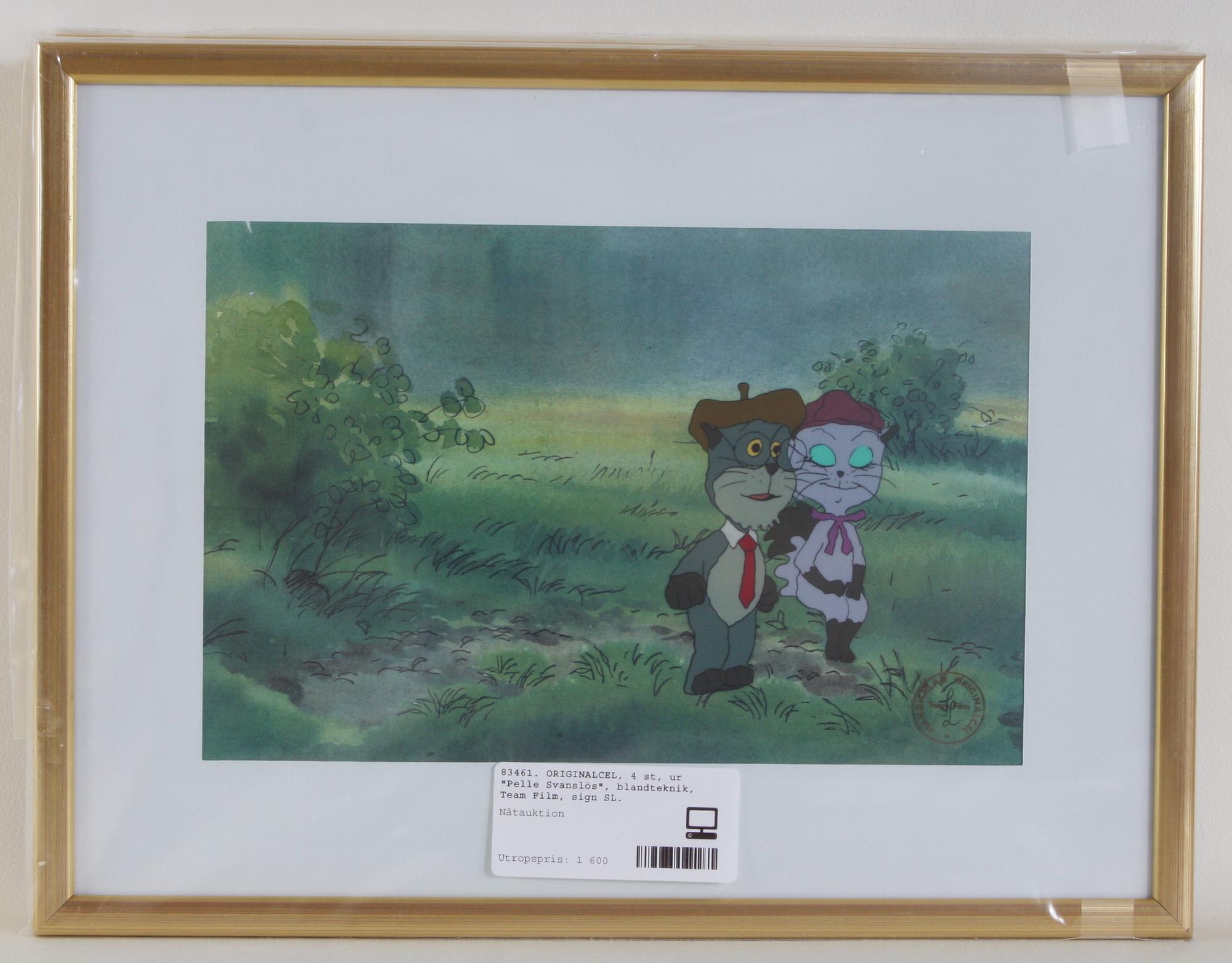 ORIGINALCEL, 4 st, ur "Pelle Svanslös", blandteknik, Team Film, sign SL.