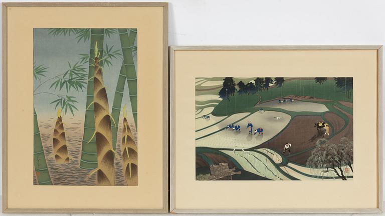 Ohno Bakufu, two woodblock prints, around 1950.