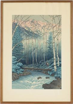 Ito Takashi, "A Traveler Crossing a Mountain Stream / Takegawa River at Dawn".