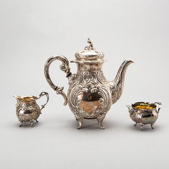 KAFFESERVIS, 3 delar, silver,  rokokostil.