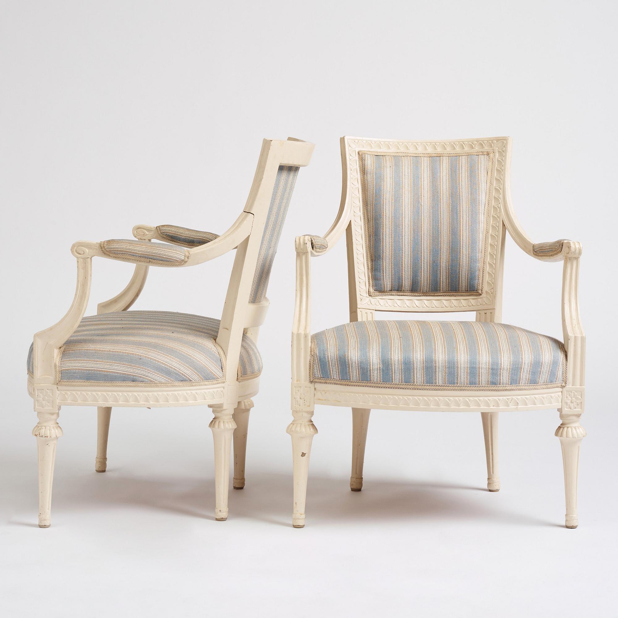 A pair of Gustavian armchairs, second part of the 18th century.