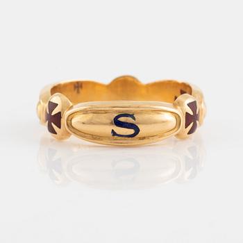 Ring, Frimurarring, 18K guld och emalj.